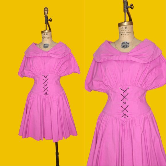 1980s Cotton Pink CORSET Waist Full Skirt TULLE BATWING Short Sleeve Dress. S-M - Picture 1 of 10